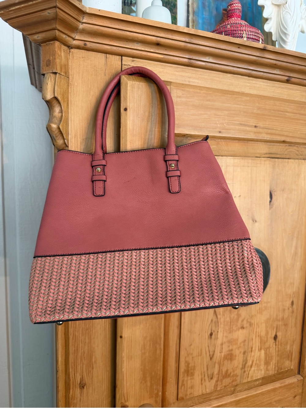 La Terre Woven Trim Vegan Leather Tote Bag in Dusty Rose NWT